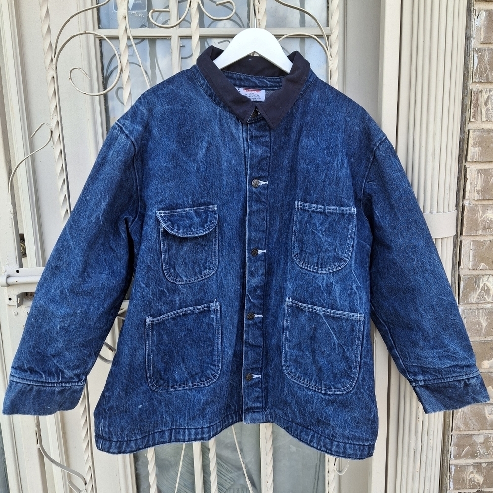 Vintage Bob Barker Blue Denim Grey Blanket Lined Chore Heavy Jacket Men Size 2XL